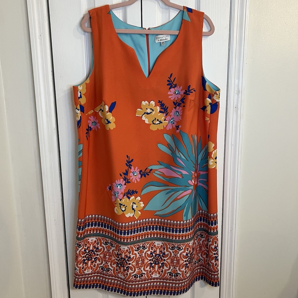 Signature Robbie Bee Plus Size 14W Coral Dress Floral Pattern Sleeveless Spring